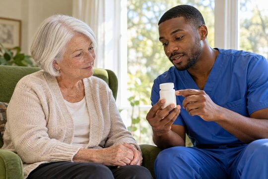 Nurse discussing a white container with an older woman in a green chair