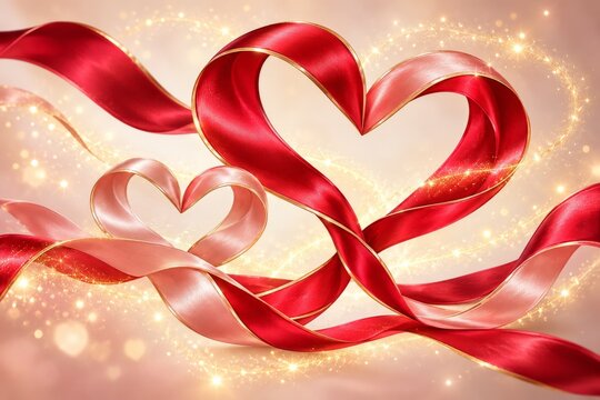 Flowing red and blush satin ribbons forming magical heart shapes