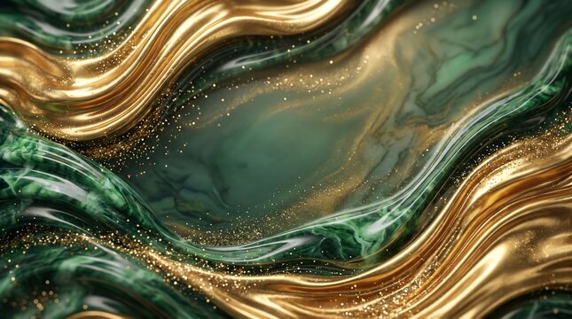 Abstract gold and emerald marble liquid waves background