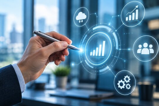 Hand holding a pen near a glowing analytical interface with cloud and personnel icons