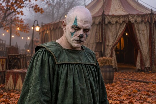 Sinister ghostly clown in a dark green costume at an autumn circus