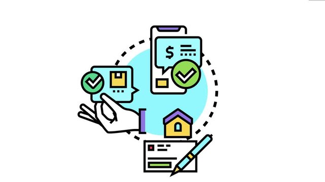 Icon visualizing successful financial transactions, including mobile banking, package delivery confirmation, real estate purchase, and check payment processes complete with verification