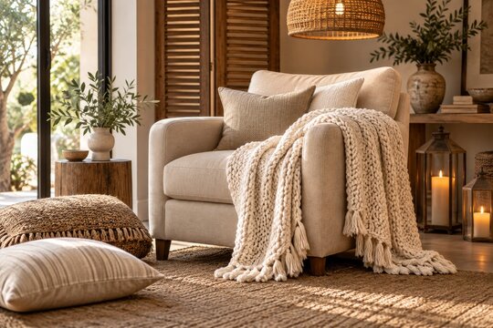 Beige armchair with a chunky cream blanket and woven pendant lamp