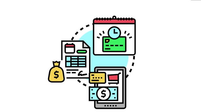 Digital payment options, scheduled transactions, and money management are key components of modern financial disbursement processes, visualized with icons