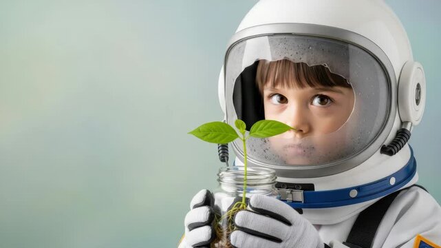 Young astronaut carefully holds a green seedling, imagining sustainable life beyond Earth