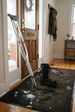 Snow covered entryway with crutches and winter boot beside a wooden front door, coat hooks, rug, and console table in a residential hallway interior