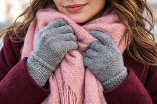 Gray gloved hands holding a pink scarf near a face in soft winter light