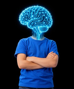 Child with Folded Arms and Glowing Circuit Brain on Black Background