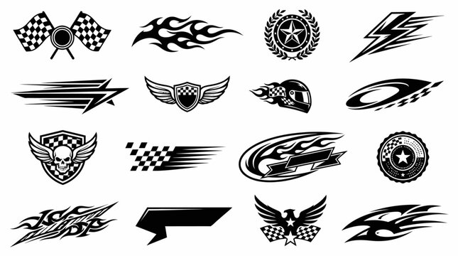 Set of black and white racing emblems and speed decals for automotive design.