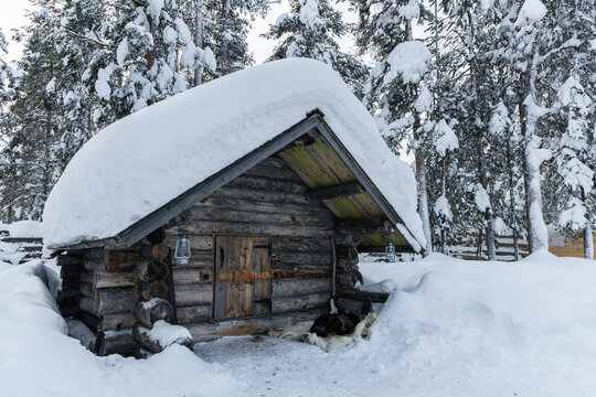Traditional wooden log cabin covered with thick snow in winter forest
