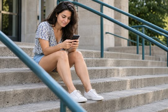 Woman using a phone on concrete steps with diagonal teal outdoor railings