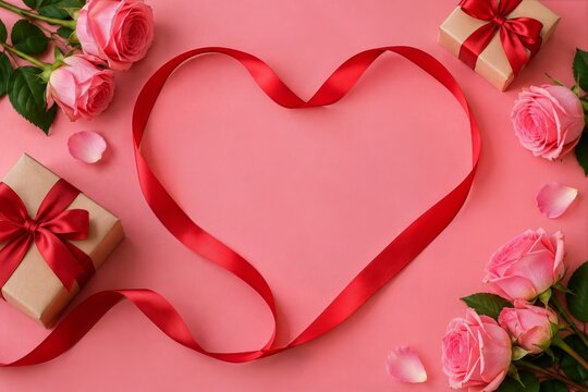 Red ribbon heart with pink roses and gifts on a romantic flat lay