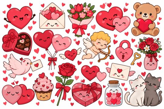 Cute hand drawn Valentine sticker collection with smiling romantic elements