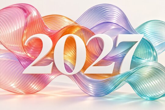 White New Year numerals over fluid multicolored ribbed glass shapes