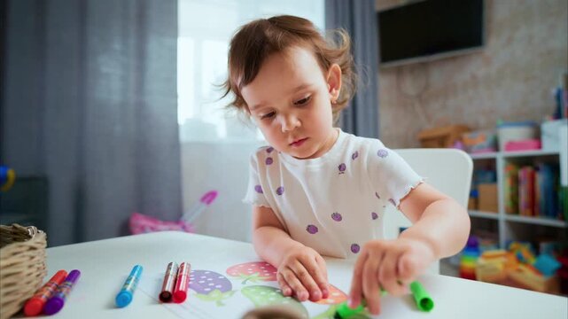 Little girl draws with colorful crayons at table. She smiles, focused on her creative work. Soft light highlights her joyful concentration. Perfect for parenting, child development