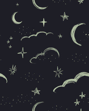 Night sky,  moon, and stars, hand-drawn seamless pattern