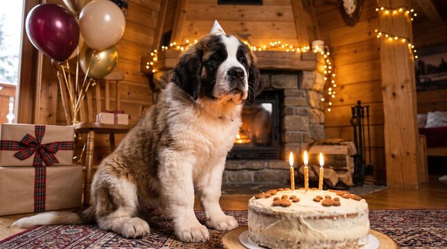 Saint bernard puppy wearing party hat sitting by birthday cake with