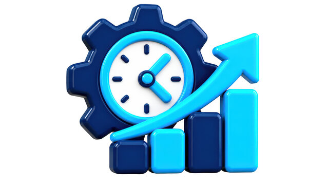 3d business productivity icon with gear clock and rising growth chart for corporate efficiency