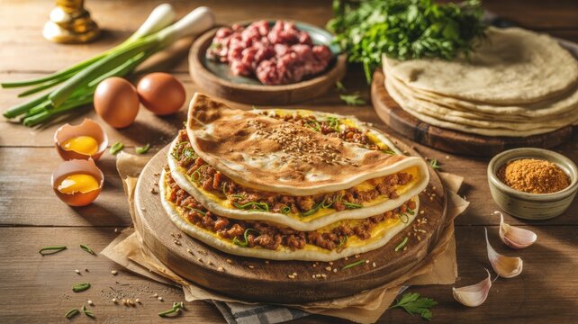 Yemeni cuisine. Yemeni Mutabbaq. Thin puff pastry pancake stuffed with minced meat, eggs and green onions, fried in a frying pan.
