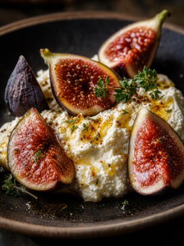 Fresh figs with creamy ricotta, honey Drizzle and herbs on rustic plate - gourmet breakfast dish