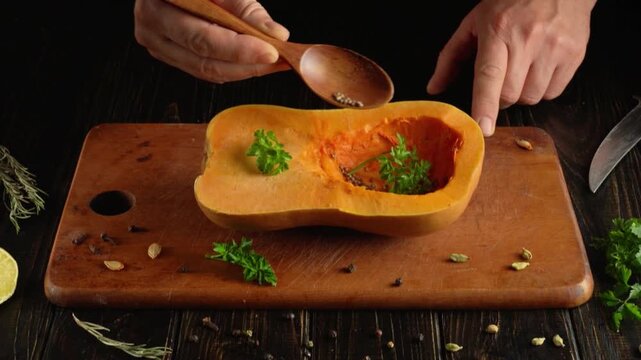 Hands sprinkle pepper from a wooden spoon into a halved roasted butternut squash with herbs on a rustic cutting board, top view food preparation scene