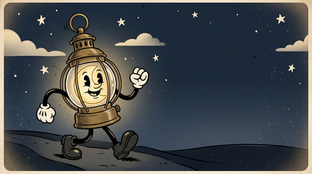 Vintage 1930s rubber hose cartoon lantern character with glowing moon face walking on retro starry copy space background