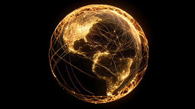 A vivid golden globe with intertwining light networks, indicating global communication and interconnected world systems
