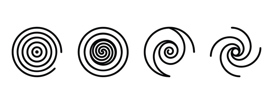 Four black spiral showing different circular patterns and swirling vortex shapes on a clean white background