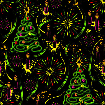 Seamless outline pattern with Christmas tree, burning candles, splattered paint, fireworks. Grunge style holiday symbols in vivid neon colors on black. Chaotic messy composition