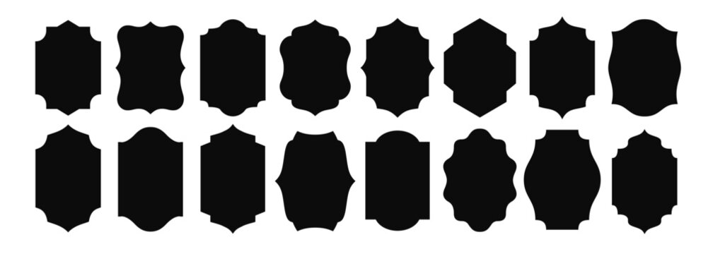 Shape label frame. Badge ornate. Victorian shield icon. Border crest. Black boarder isolated on white background. Elegant emblem. Logo royal. Antique retro sign. Heraldic sticker.. Vector illustration