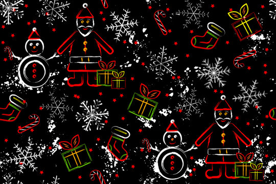 Seamless pattern with happy Santa Claus, Snowman, flying snowflakes, holiday symbols. Outline festive illustrations in graffiti style. High contrast design for Christmas, New Year holiday