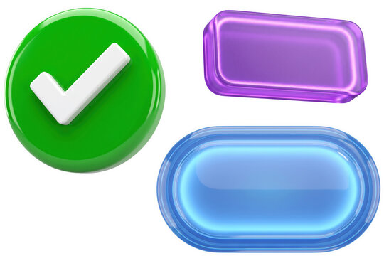 3d glossy checkmark button and blank purple and blue rounded rectangular buttons isolated on transparent background