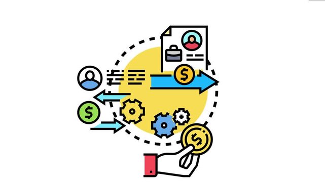 Payroll process icon financial transactions, employee management, and money flow within a company, ensuring timely payment and accurate record keeping