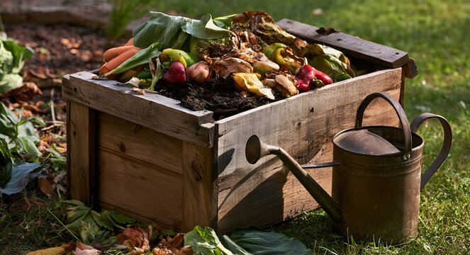 An outdoor glimpse of a rustic wooden composting container stuffed with vegetable leftovers and soil beside a watering vessel that supports eco-friendly gardening methods