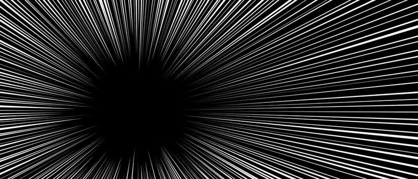 White radial lines shift around a central black void in an abstract monochrome pattern