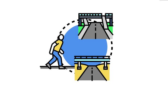 Pedestrian walking across a designated zone, various urban road infrastructure solutions like overpasses and underpasses for safe public movement and traffic regulation