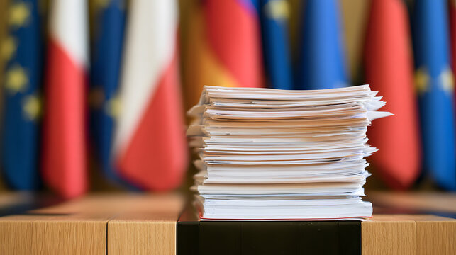 A stack of paper documents sits on a wooden desk, flanked by European flags, serving as a backdrop for discussions on European legislation and policies.