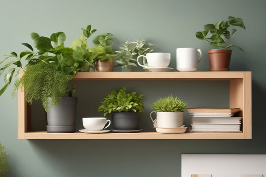 Plants and pots on wooden shelf