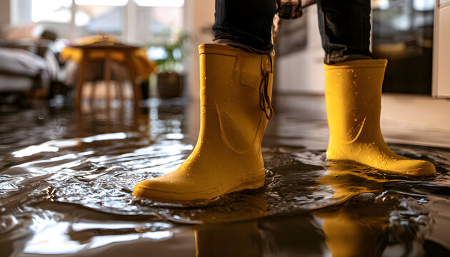 A person in yellow boots stands on a flooded floor, with water covering it