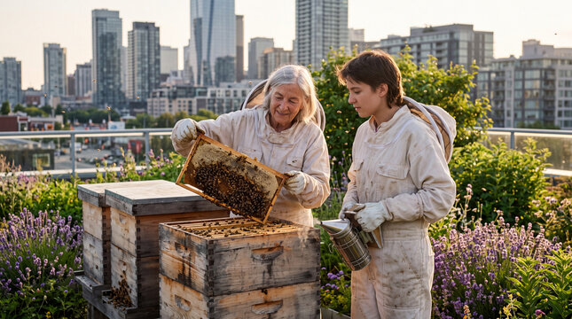 Two Generations of Beekeepers Inspecting Honeycomb in an Urban Rooftop Garden

