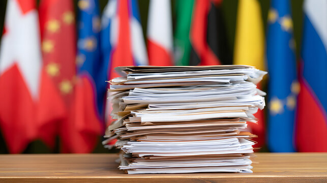 A stack of paper documents sits on a wooden desk with European flags in the background. It is useful for European legislation and policy concepts.