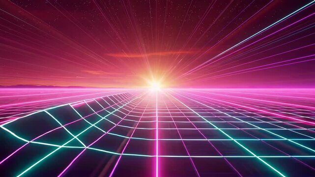 Animation of retro futuristic synthwave neon grid landscape with sunset. music videos, gaming, and digital backgrounds.