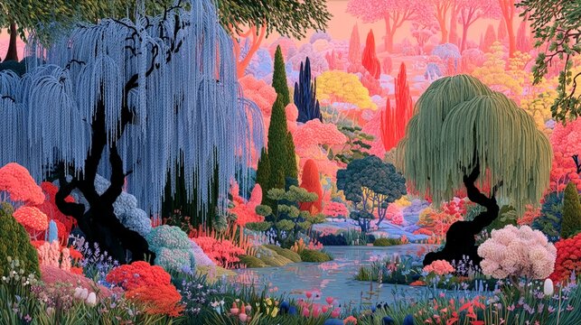 Dreamlike fantasy garden with colorful trees and peaceful river