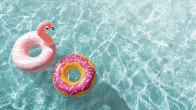 Colorful pool inflatables relaxing in sunlit swimming oasis