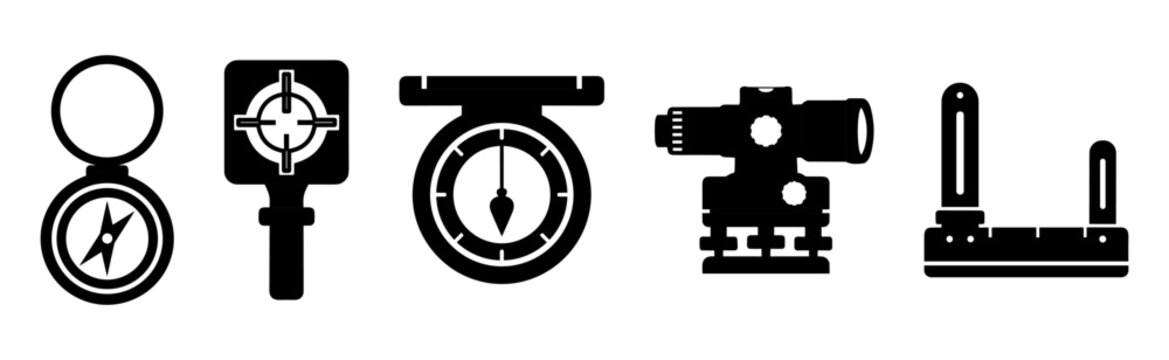 Land surveying optical tools and geodetic measuring instruments silhouette icons set