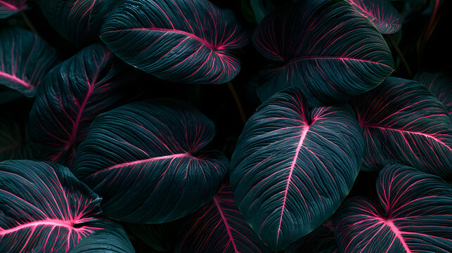 a dark background of large, textured leaves with pink veins