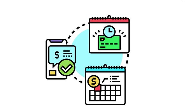 Pending payment concept illustrates financial transaction processing with calendars marking deadlines, credit cards, and mobile notifications indicating status for timely money transfers