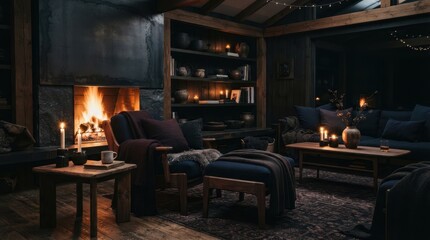 Naklejka premium Moody Scandinavian lounge with a glowing fireplace, candlelight, and deep blue furnishings