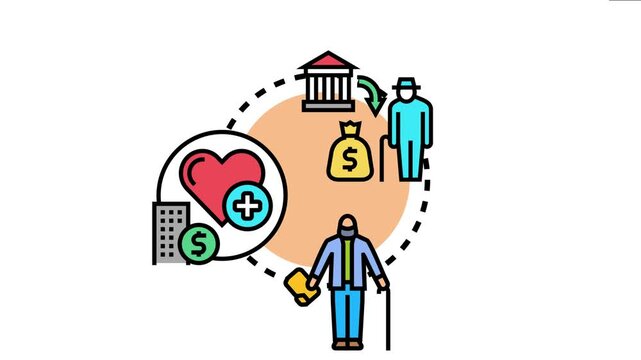 Illustration depicting various benefits of a pension plan, including financial provision for retirement, health insurance, housing, and overall well being for an elderly person