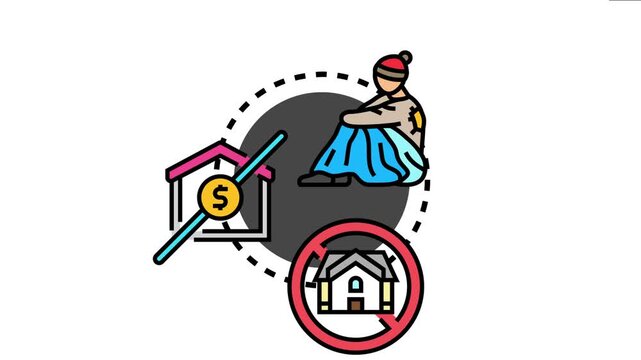 Person experiencing homelessness sitting on the ground, surrounded by icons symbolizing housing insecurity, poverty, exclusion, and distress, highlighting social issues concerning shelter